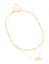 Waterproof Gold Plated Stainless Steel Rose Quartz Semi Precious Stone & Celestial Layered Necklace - link has visual effect only