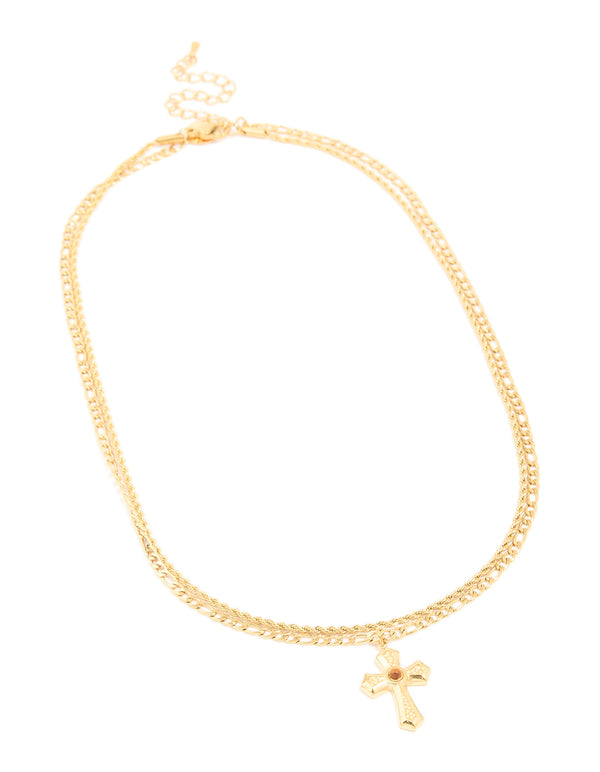 Waterproof Gold Plated Stainless Steel Tigers Eye Semi Precious Stone Cross Chain Layered Necklace