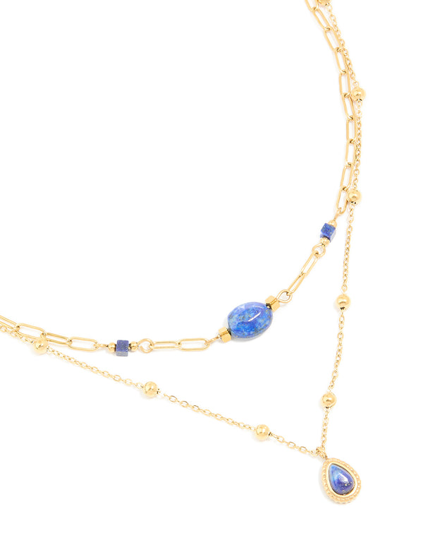 Waterproof Gold Plated Stainless Steel Lapis Lazuli Semi Precious Stone Chain Layered Necklace
