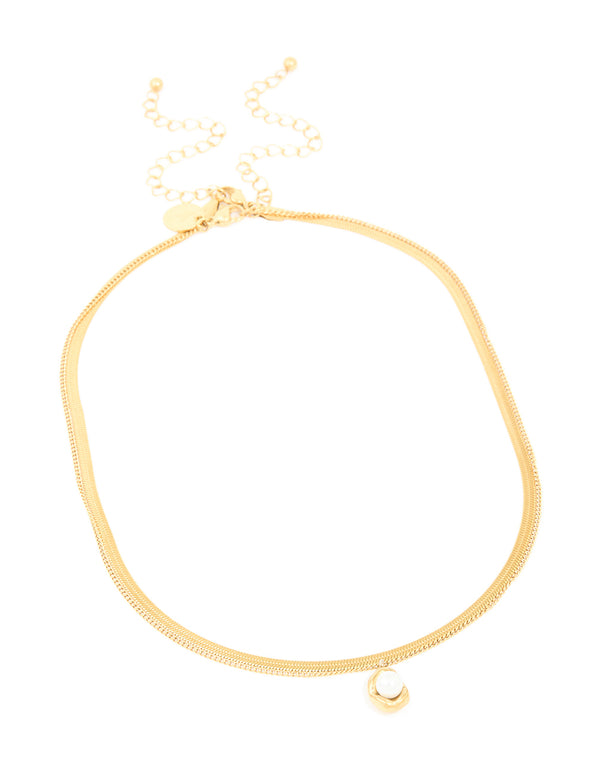Waterproof Gold Plated Stainless Steel Pearl & Snake Chain Layered Necklace