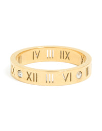Showcasing a waterproof gold plated stainless steel band ring with roman numerals and cubic zirconia accents front view - link has visual effect only