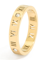 Highlighting a waterproof gold plated stainless steel band ring with roman numerals and cubic zirconia accents side detail view - link has visual effect only