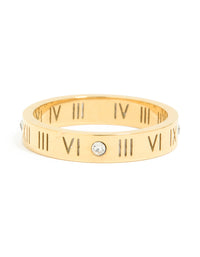 Designed with waterproof gold plated stainless steel featuring roman numerals and cubic zirconia accents close up view - link has visual effect only