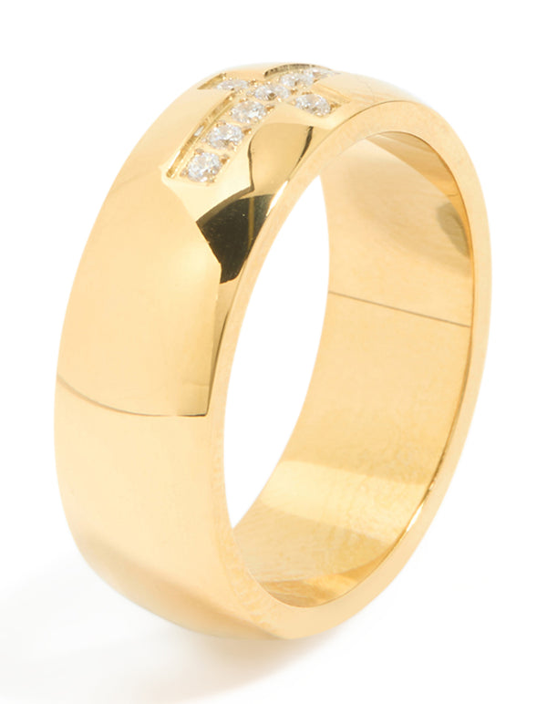 Waterproof Gold Plated Stainless Steel Cubic Zirconia Pave Cross Thick Ring