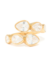 Showcasing a waterproof gold plated stainless steel wrap ring featuring pear cut cubic zirconia in clear accent front view - link has visual effect only