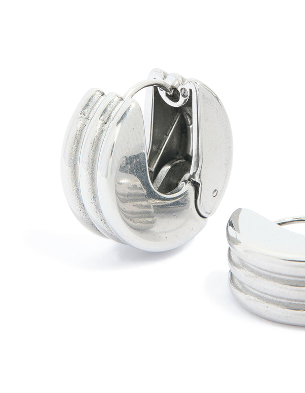 Waterproof Stainless Steel Ribbed Circle Hinged Hoop Earrings