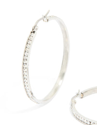 Stunning waterproof stainless steel diamante hoop earrings 45 MM showcasing silver and clear tones close up view - link has visual effect only
