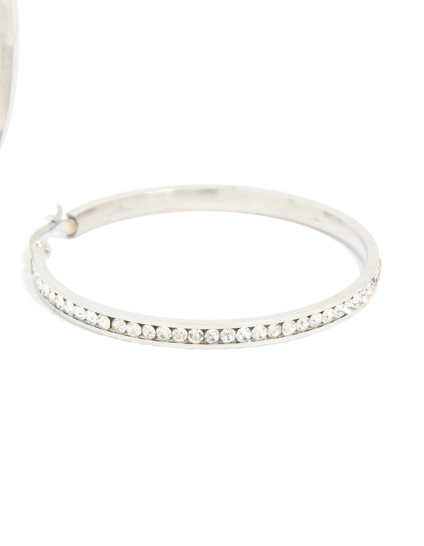 Expertly crafted waterproof stainless steel diamante hoop earrings in 45 MM with silver and clear tones post detail view