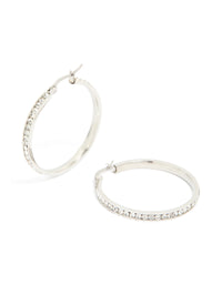 Showcasing waterproof stainless steel diamante hoop earrings in silver 35 MM front view - link has visual effect only