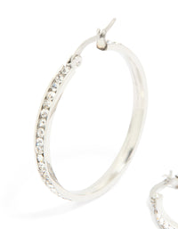 Highlighting waterproof stainless steel diamante hoop earrings in silver 35 MM close up view - link has visual effect only