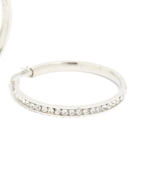 Displaying waterproof stainless steel diamante hoop earrings in silver 35 MM post detail view - link has visual effect only