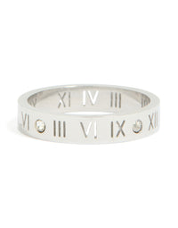 Showcasing a waterproof stainless steel ring with Roman numeral engraving and cubic zirconia accents in silver and clear stone front view - link has visual effect only