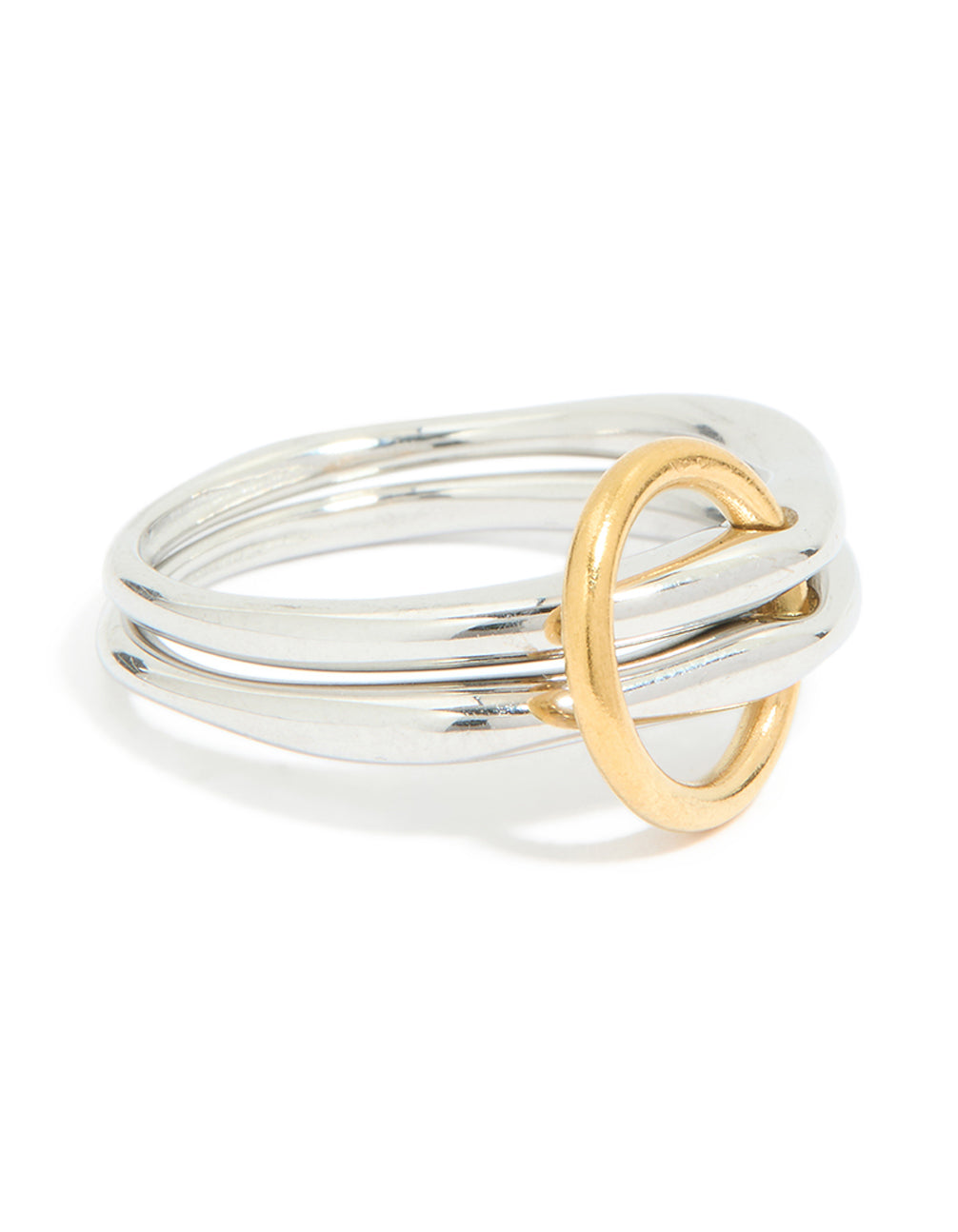 Showcasing a waterproof mixed metal plated stainless steel fine rondell stacked link ring in silver and gold chunky style front view