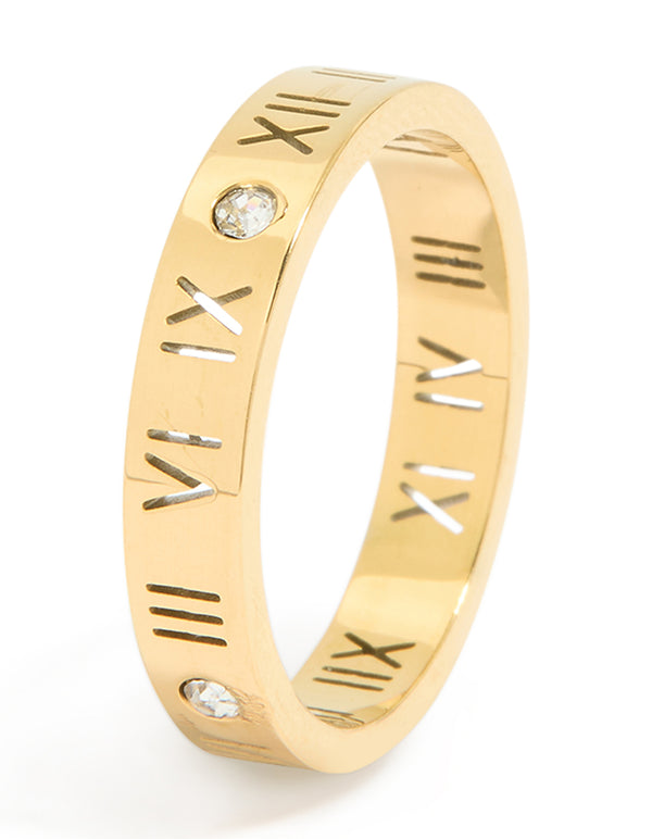 Waterproof Gold Plated Stainless Steel Cubic Zirconia Roman Numeral Band Ring