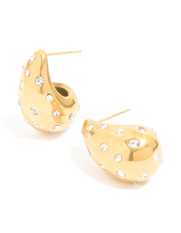 Waterproof Gold Plated Stainless Steel Diamante Teardrop Bubble Earrings