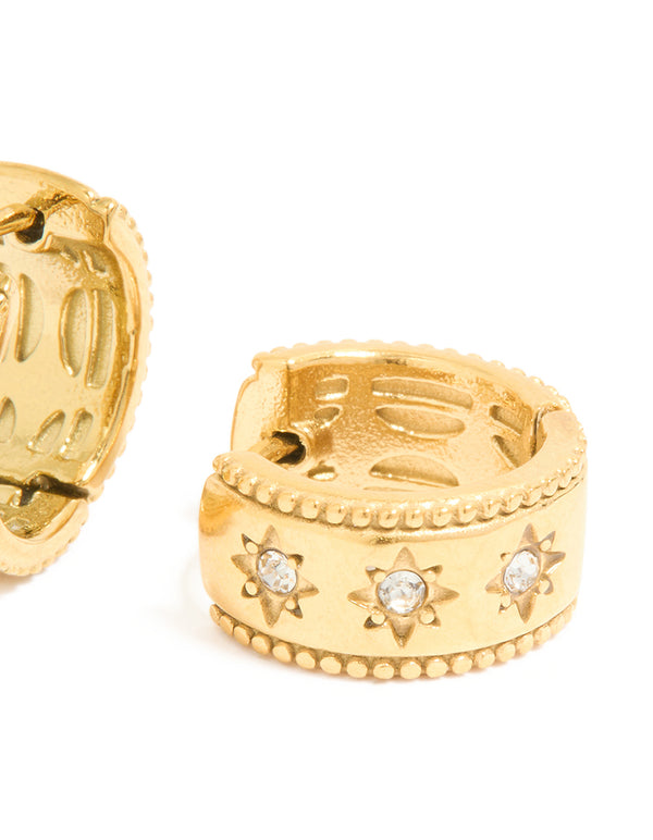 Waterproof Gold Plated Stainless Steel Cubic Zirconia Celestial Etched Hoop Earrings