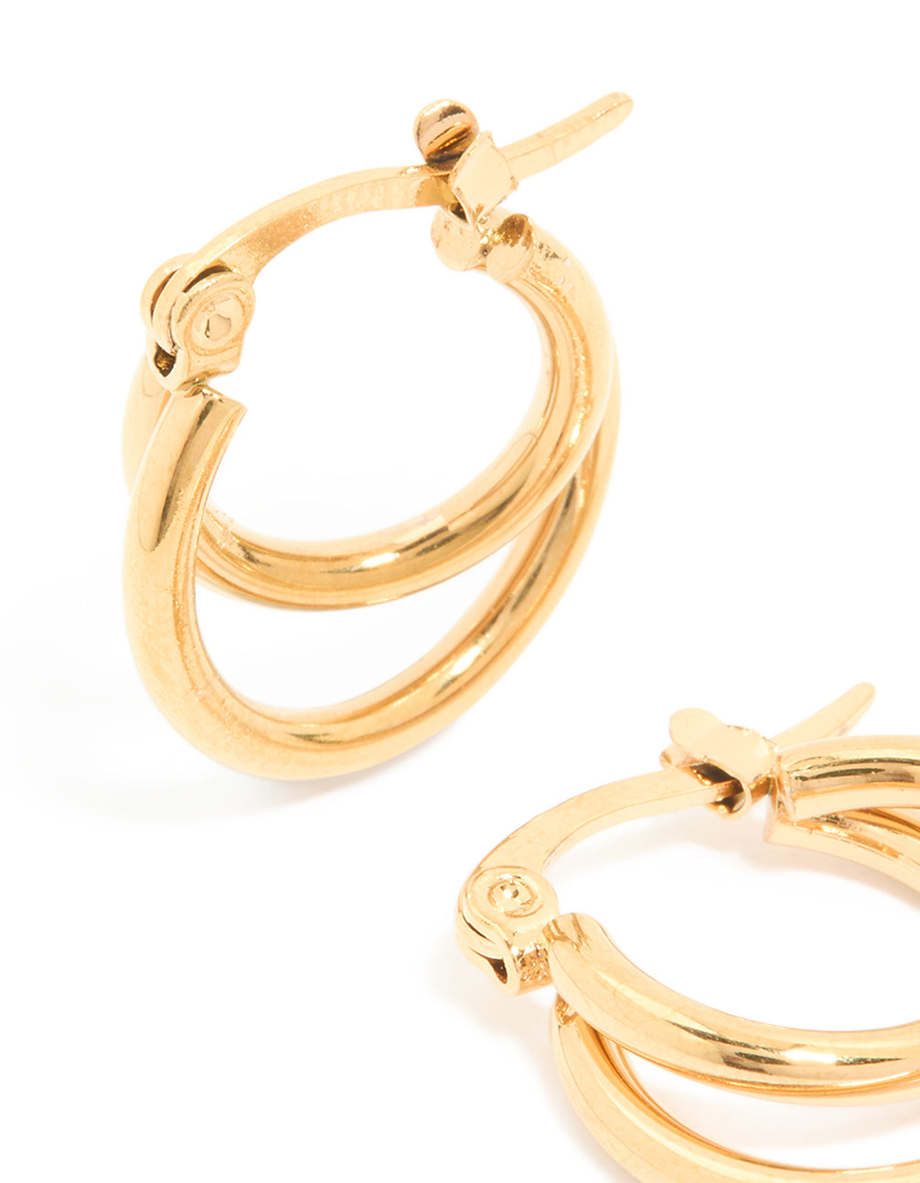 Detailed view of waterproof gold plated stainless steel double classic hoop earrings with closure mechanism close up view