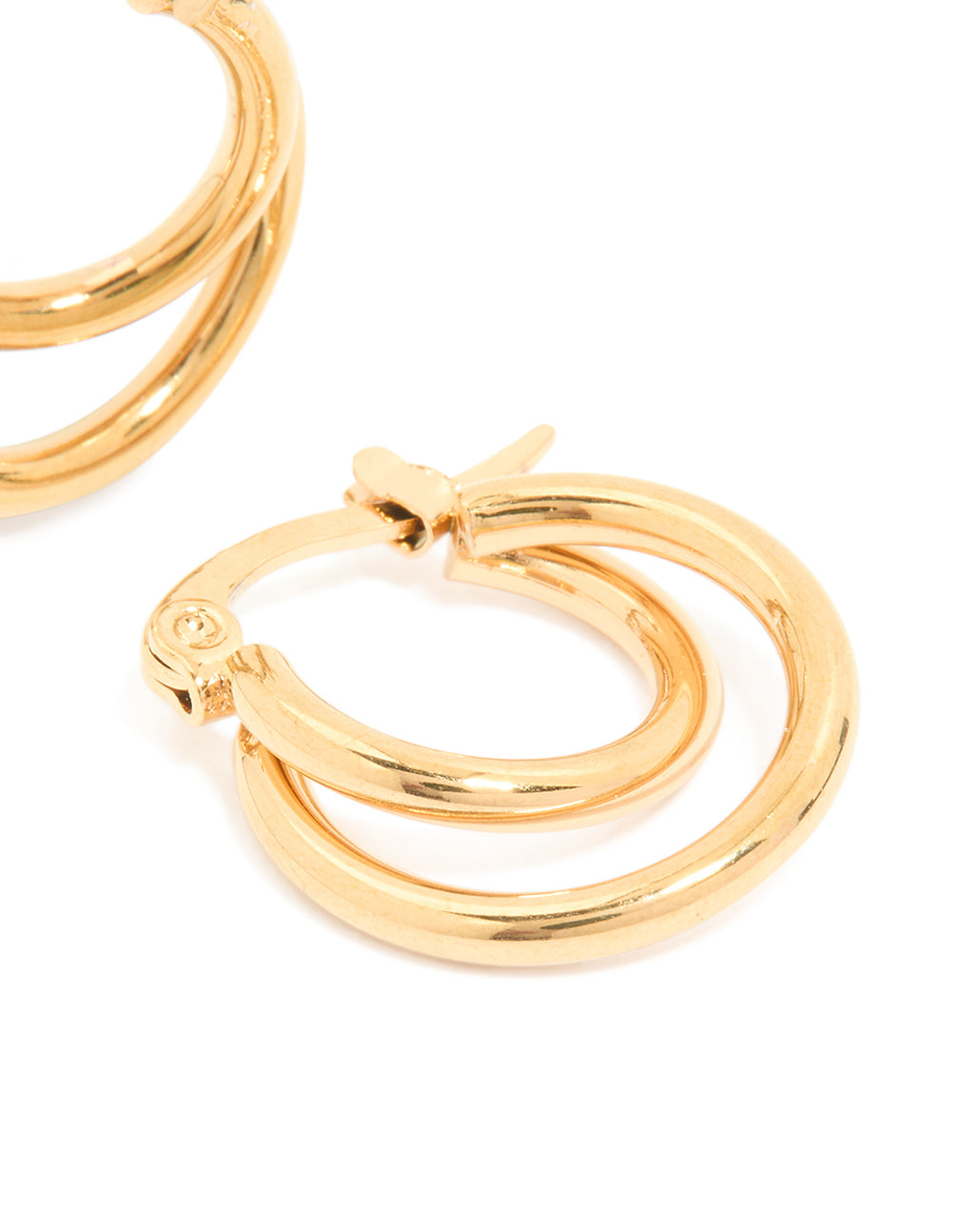 Highlighting waterproof gold plated stainless steel double classic hoop earrings post detail view