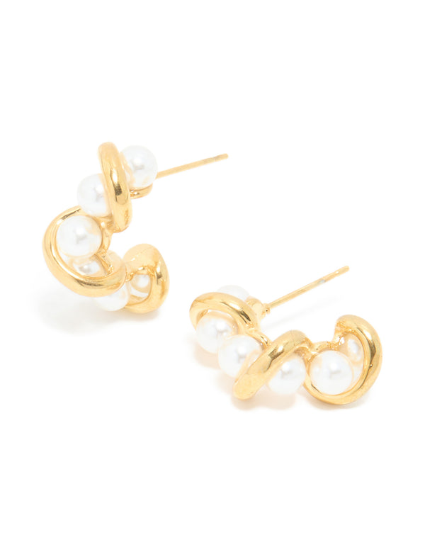 Waterproof Gold Plated Stainless Steel Pearl Wire Hoop Earrings