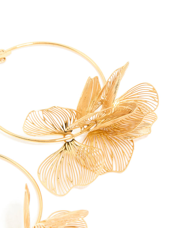 Waterproof Gold Plated Stainless SteelEtched Flower Hoop Earrings