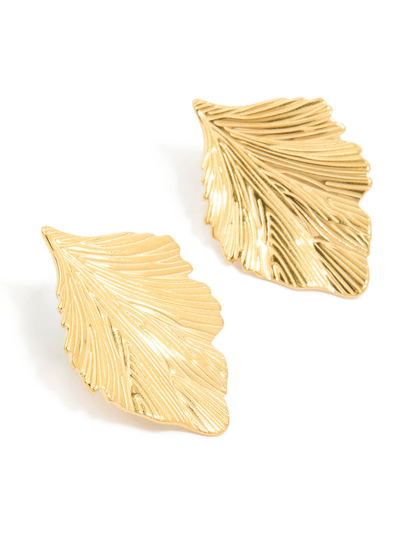 Waterproof Gold Plated Stainless Steel Textured Leaf Earrings