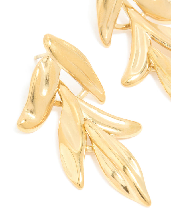 Waterproof Gold Plated Stainless Steel Cascading Leaf Drop Stud Earrings