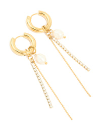 Waterproof Gold Plated Stainless Steel Freshwater Pearl & Diamante Cup Chain Huggie Earrings - link has visual effect only