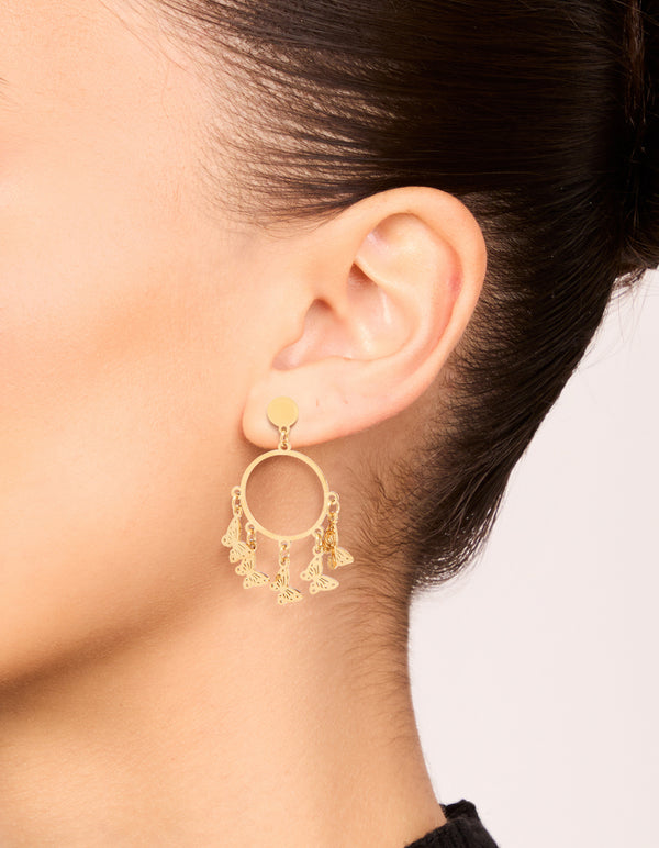 Waterproof Gold Plated Stainless Steel Butterfly Charms Hoop Earrings