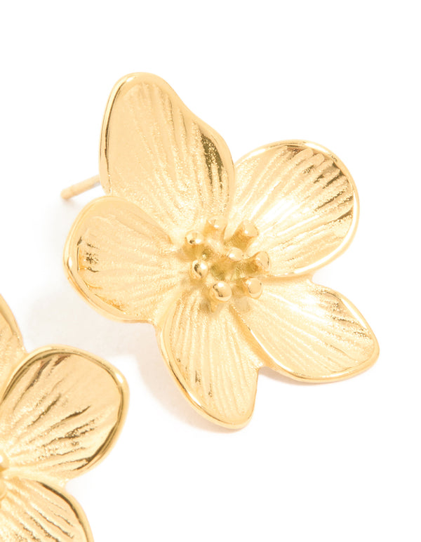 Waterproof Gold Plated Stainless Steel Textured Flower Earrings