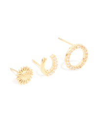 Waterproof Gold Plated Stainless Steel Mixed Motif Stud Earrings 3-Pack - link has visual effect only