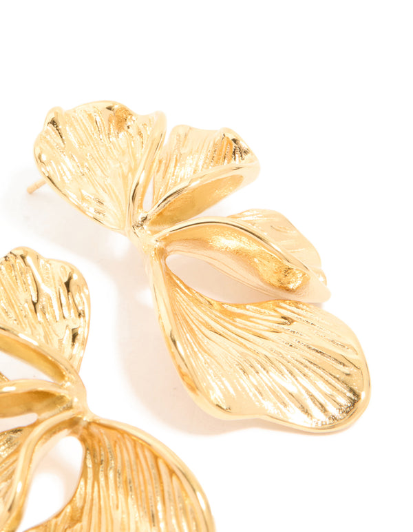 Waterproof Gold Plated Stainless Steel Ribbed Petal Stud Earrings