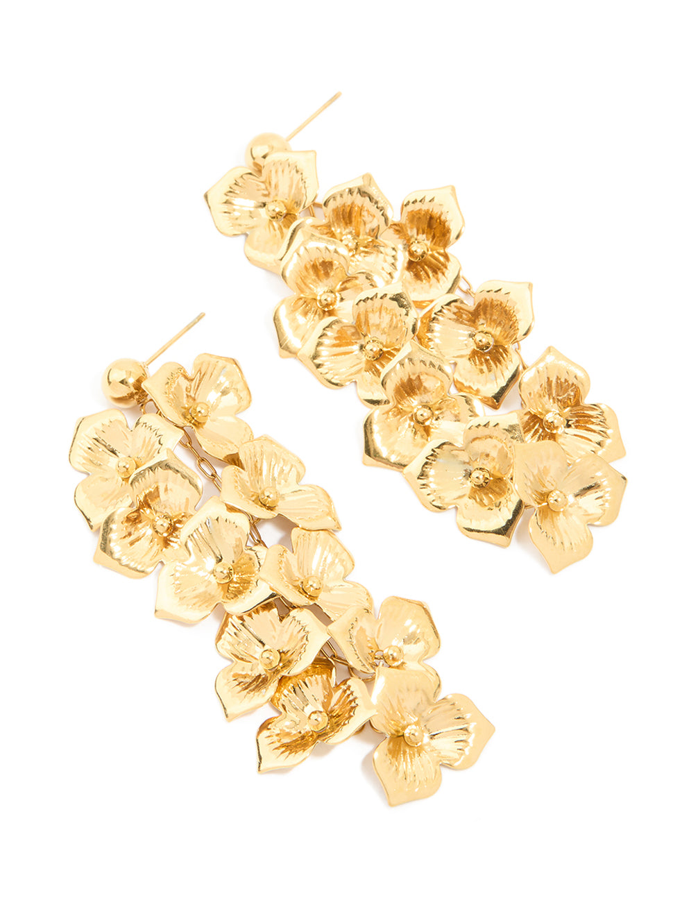 Showcasing waterproof gold plated stainless steel flower cascading drop earrings design front view