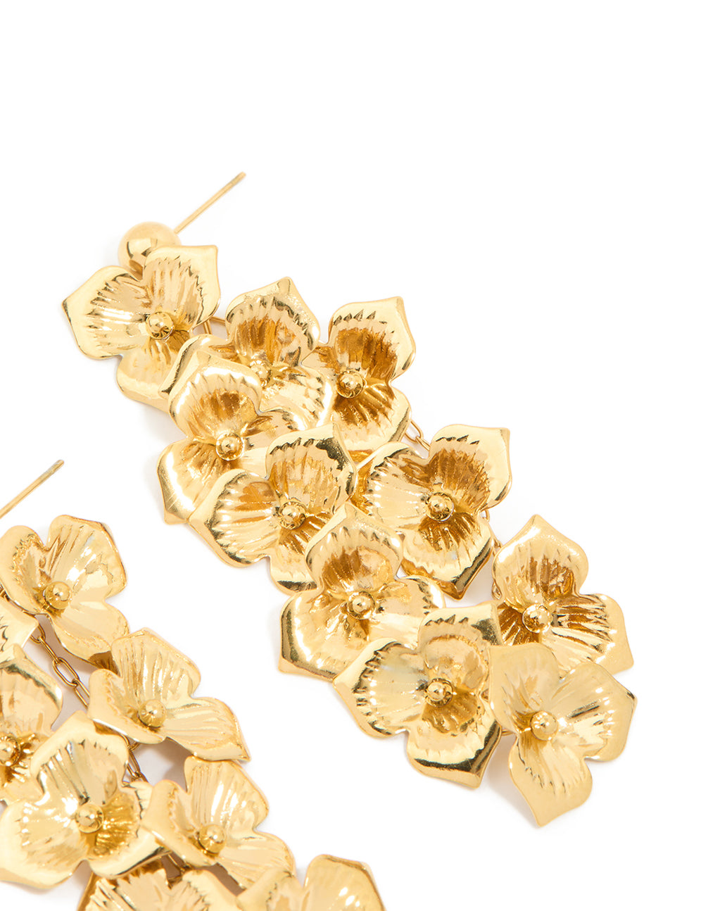 Revealing waterproof gold plated stainless steel flower cascading drop earrings post detail view