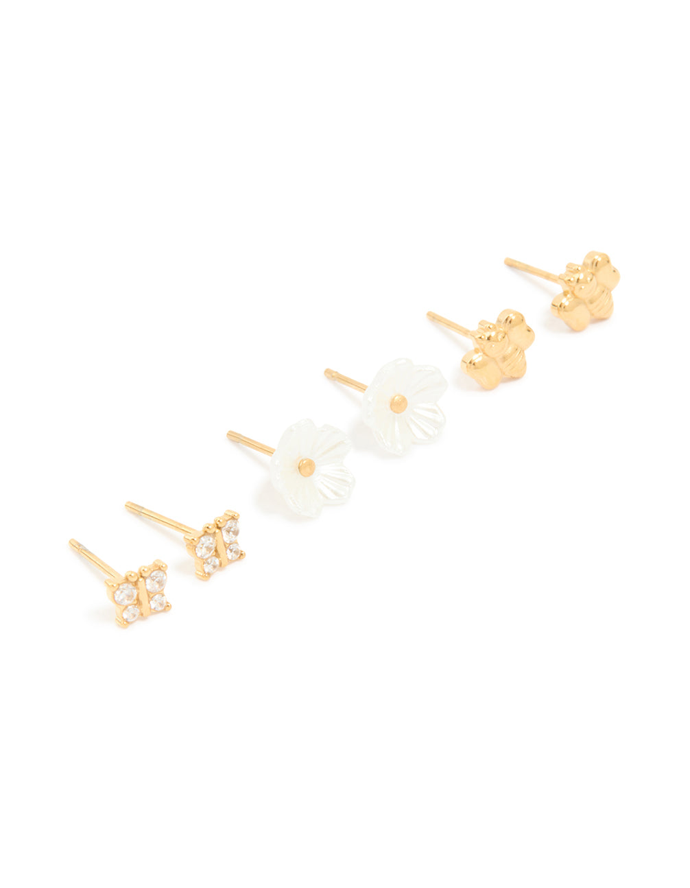 Dainty butterfly and floral garden party stud earrings in waterproof gold plated stainless steel in a 3-pack set front view