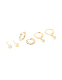 Waterproof Gold Plated Stainless Steel Cubic Zirconia Simple Stud & Huggie Earrings 3-Pack - link has visual effect only