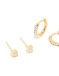 Waterproof Gold Plated Stainless Steel Cubic Zirconia Simple Stud & Huggie Earrings 3-Pack - link has visual effect only