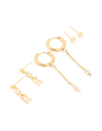 Waterproof Gold Plated Stainless Steel Cubic Zirconia Chain & Studs Ear Stacking Pack - link has visual effect only
