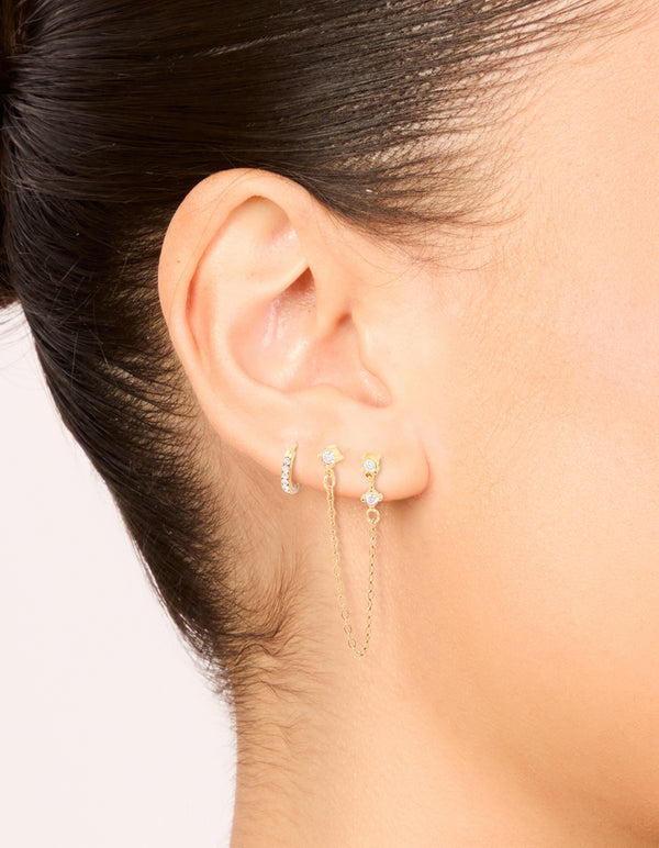 Waterproof Gold Plated Stainless Steel Cubic Zirconia Huggie & Chain Ear Stacking Pack