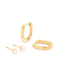 Waterproof Gold Plated Stainless Steel Rectangle Hoop Earrings & Cubic Zirconia Studs 2-Pack - link has visual effect only