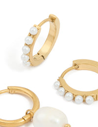 Waterproof Gold Plated Stainless Steel Pearl Detail Huggie Earrings 2-Pack - link has visual effect only