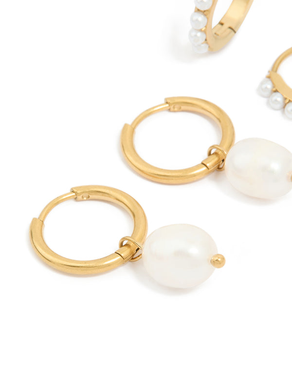 Waterproof Gold Plated Stainless Steel Pearl Detail Huggie Earrings 2-Pack