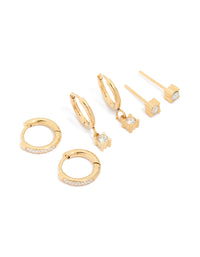 Waterproof Gold Plated Stainless Steel Diamante Earrings 3-Pack - link has visual effect only