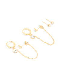 Waterproof Gold Plated Stainless Steel Cubic Zirconia Mixed Earrings 2-Pack - link has visual effect only