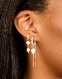 Waterproof Gold Plated Stainless Steel Pearl Drop & Chain Earrings 2-Pack - link has visual effect only