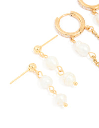 Waterproof Gold Plated Stainless Steel Pearl Drop & Chain Earrings 2-Pack - link has visual effect only