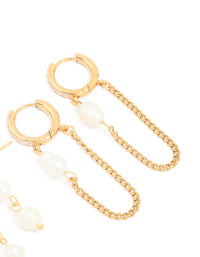 Waterproof Gold Plated Stainless Steel Pearl Drop & Chain Earrings 2-Pack - link has visual effect only