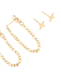 Waterproof Gold Plated Stainless Steel Star Chain & Stud Earrings 4-Pack - link has visual effect only