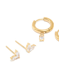 Waterproof Gold Plated Stainless Steel Cubic Zirconia Huggie & Stud Earrings Set - link has visual effect only