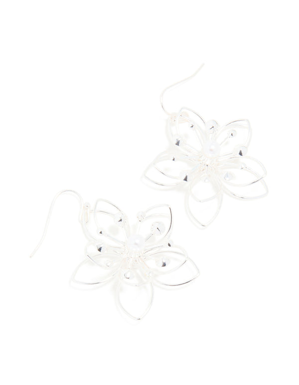 Silver 3D Wire Flower Drop Earrings