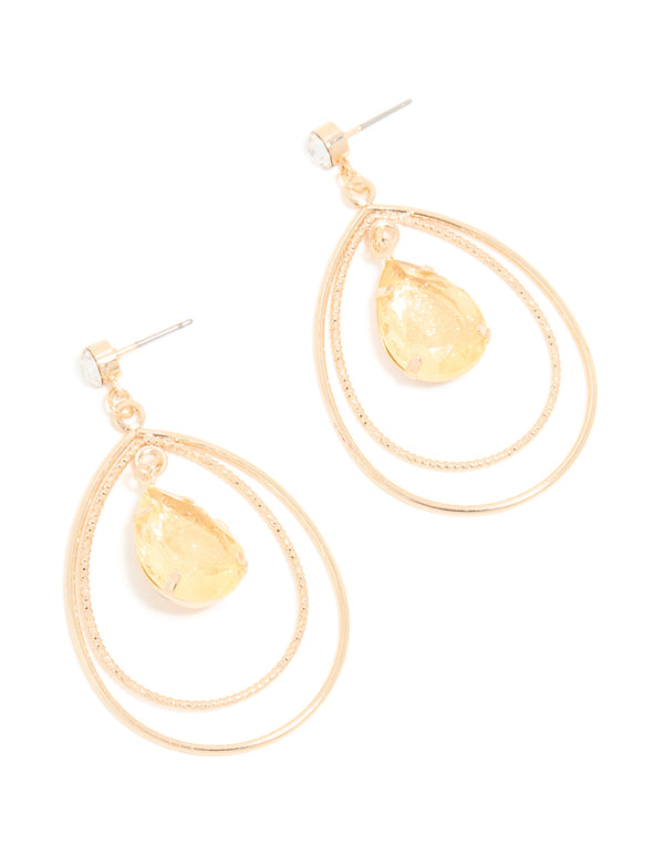 Gold Orange Diamante Centre Double Hoop Earrings